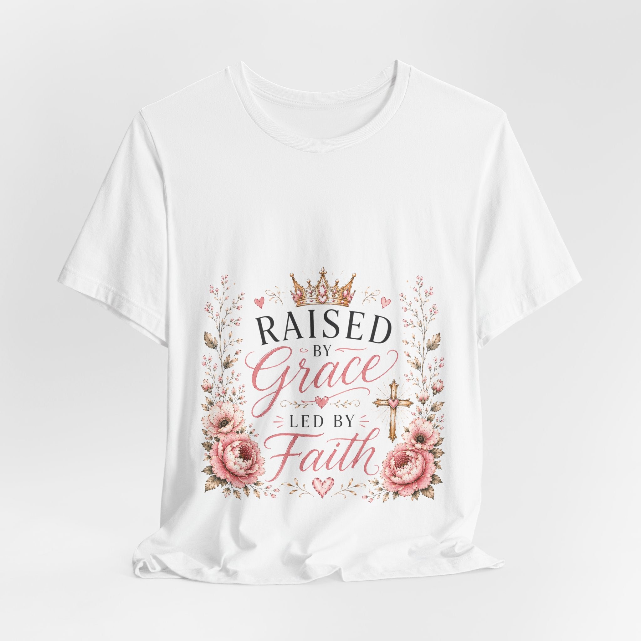 Raised by Grace Led by Faith T‑Shirt — Floral Christian Faith Tee