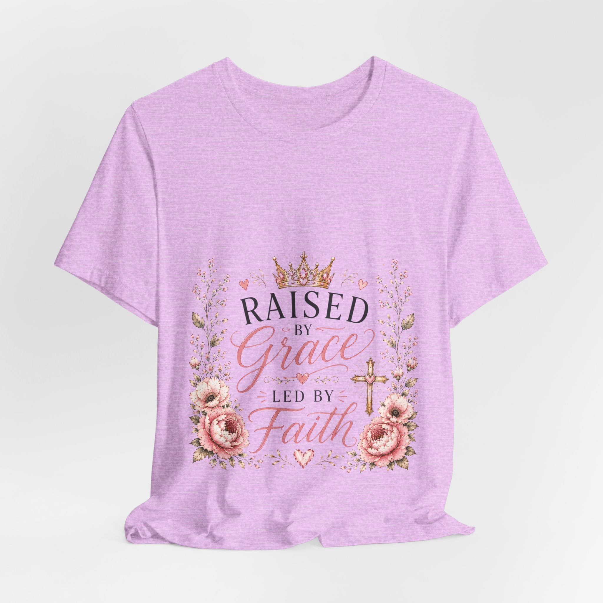 Raised by Grace Led by Faith T‑Shirt — Floral Christian Faith Tee