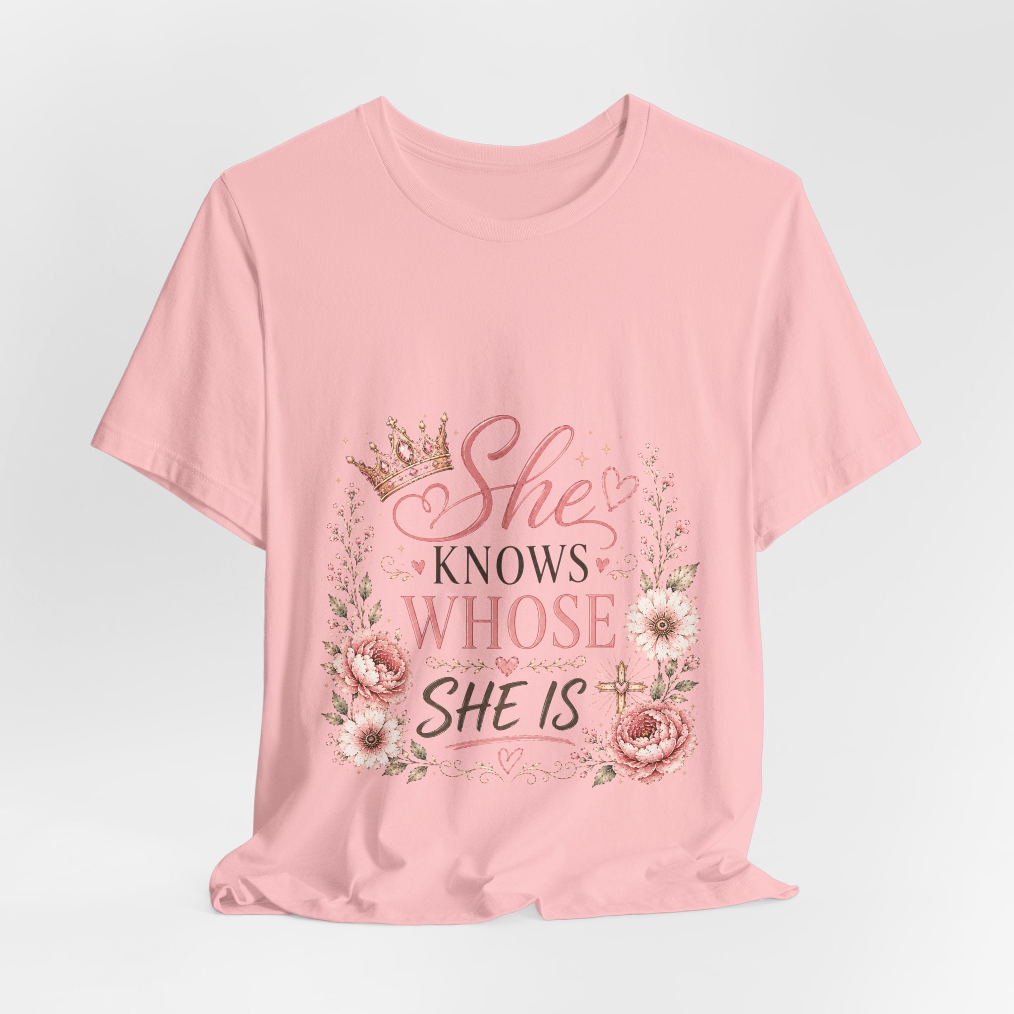 She Knows Whose She Is Floral Tee — Inspirational Christian Women's T‑Shirt