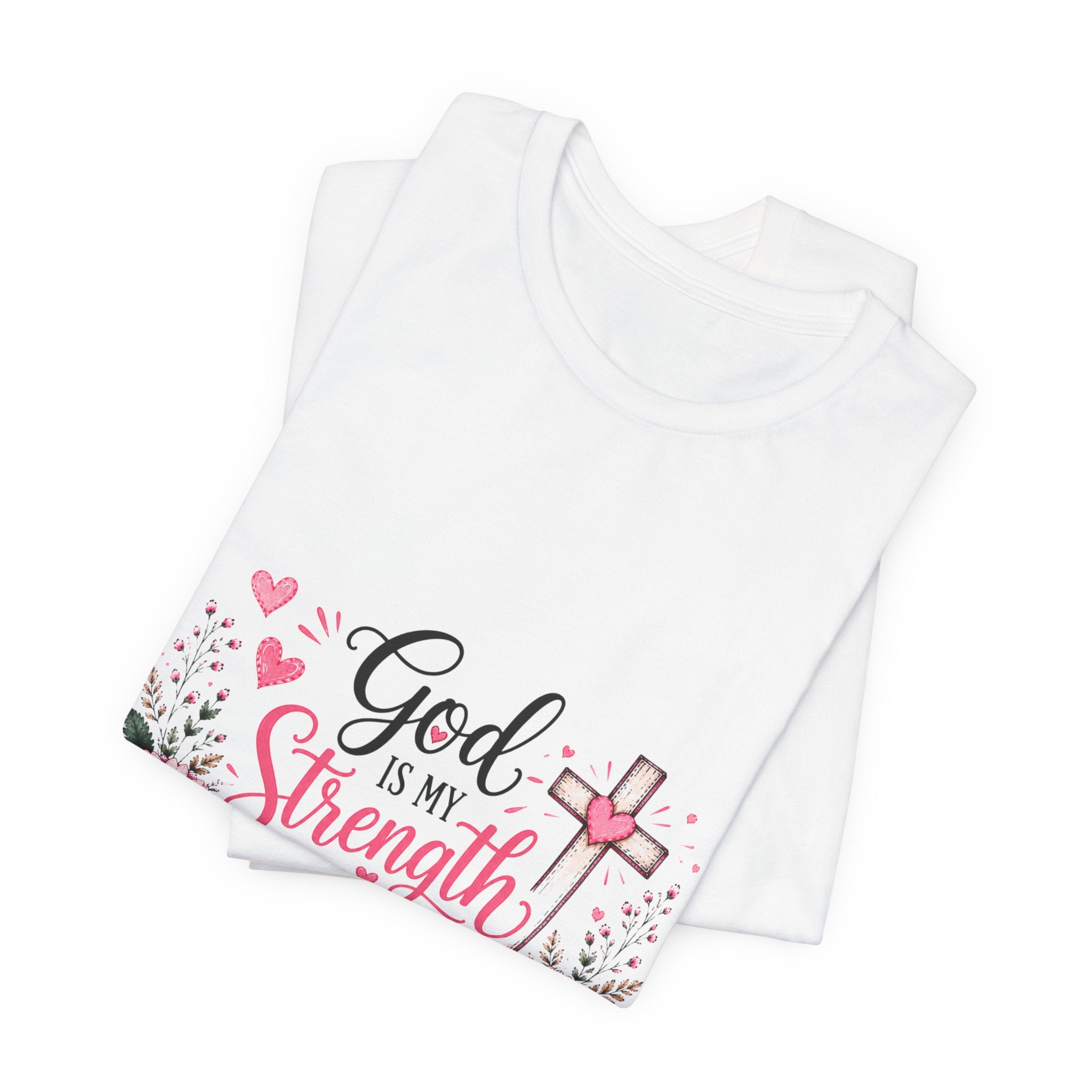 God Is My Strength and My Shield - Christian Floral Cross Tee