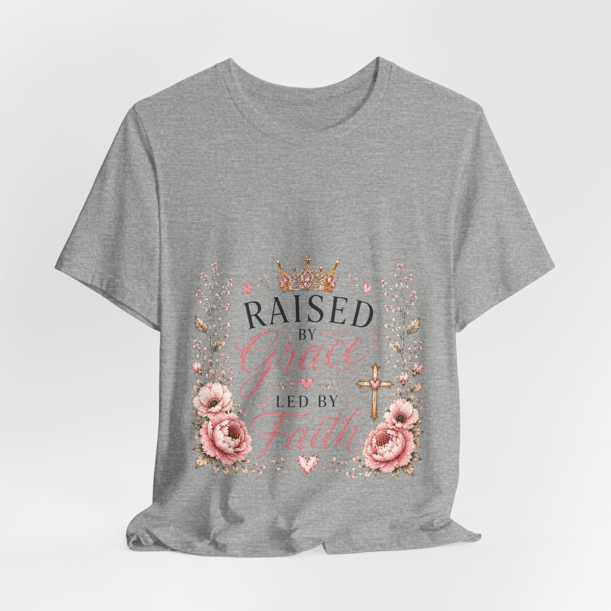 Raised by Grace Led by Faith T‑Shirt — Floral Christian Faith Tee